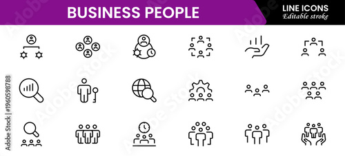 Business people line icons set. Businessman outline icons collection. Teamwork, human resources, meeting, partnership, meeting, work group, success, resume 