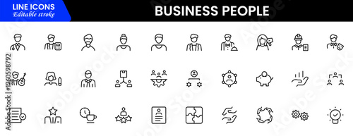 Business people line icons set. Businessman outline icons collection. Teamwork, human resources, meeting, partnership, meeting, work group, success, resume 