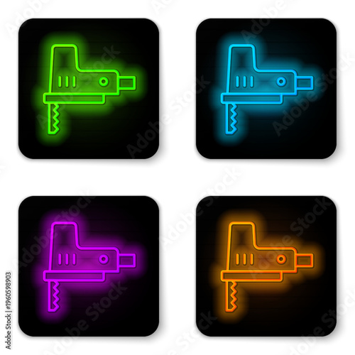 Glowing neon line Electric jigsaw with steel sharp blade icon isolated on white background. Power tool for woodwork. Black square button. Vector