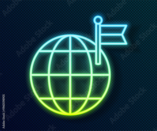 Glowing neon line Planet with flag icon isolated on black background. Victory, winning and conquer adversity concept. Vector