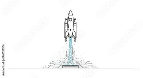 Rocket Launching into Space with Digital Circuitry and Blue Energy Trails