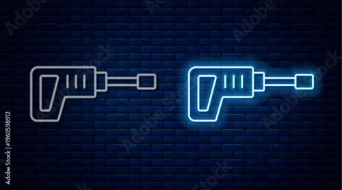 Glowing neon line Electric rotary hammer drill machine icon isolated on brick wall background. Working tool for construction, finishing, repair work. Vector
