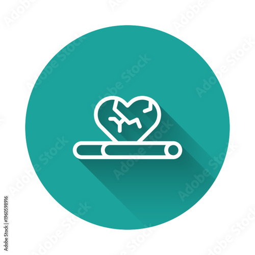 White line Heart disease and death caused with smoking icon isolated with long shadow background. Green circle button. Vector