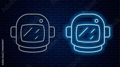 Glowing neon line Astronaut helmet icon isolated on brick wall background. Vector