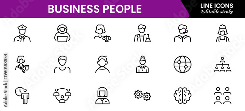 Business people line icons set. Businessman outline icons collection. Teamwork, human resources, meeting, partnership, meeting, work group, success, resume 