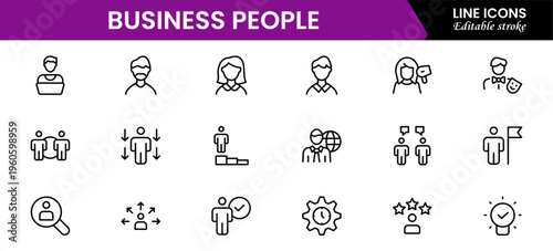 Business people line icons set. Businessman outline icons collection. Teamwork, human resources, meeting, partnership, meeting, work group, success, resume 