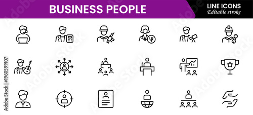 Business people line icons set. Businessman outline icons collection. Teamwork, human resources, meeting, partnership, meeting, work group, success, resume 
