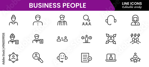 Business people line icons set. Businessman outline icons collection. Teamwork, human resources, meeting, partnership, meeting, work group, success, resume 