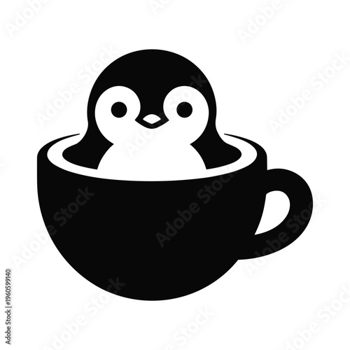 Cute penguin icon in a coffee cup, vector illustration for hot drinks and winter themes