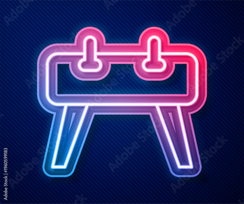 Glowing neon line Pommel horse icon isolated on blue background. Sports equipment for jumping and gymnastics. Vector