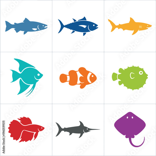 Fish icons colorful ocean creatures.