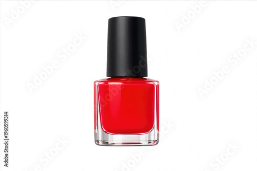 A red nail polish bottle is displayed on a black background. It’s a product shot, likely for marketing or advertising.