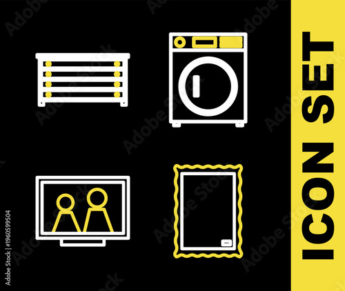 Set line Washer, Picture, frame on table and Chest of drawers icon. Vector