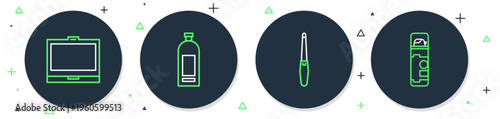 Set line Bottle of shampoo, Nail file, Makeup powder with mirror and Shaving gel foam icon. Vector