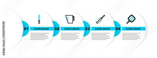 Set line Frying pan, Measuring cup and Knife icon. Vector
