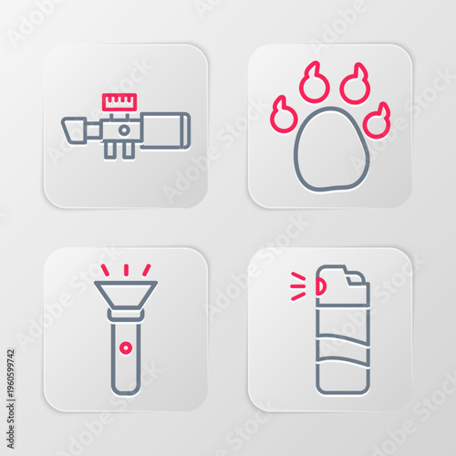 Set line Pepper spray, Flashlight, Paw print and Sniper optical sight icon. Vector