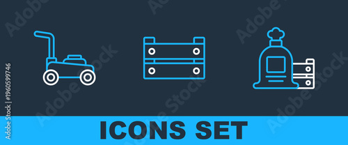 Set line Full sack and wooden box, Lawn mower and Wooden icon. Vector