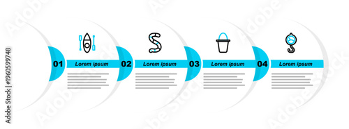 Set line Spring scale, Fishing bucket, Worm and Kayak canoe icon. Vector
