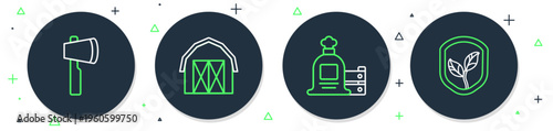 Set line Farm house, Full sack and wooden box, Wooden axe and Shield with leaf icon. Vector