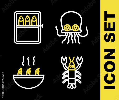 Set line Octopus, Lobster, Soup with shrimps and Canned fish icon. Vector