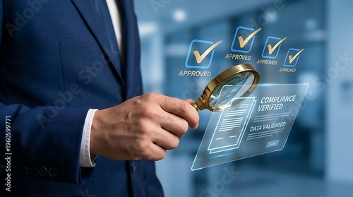 Businessman Reviewing Digital Compliance Data Validation Process with Magnifying Glass