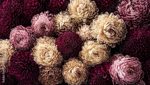 A visually striking and lush floral arrangement showcasing an exquisite variety of chrysanthemums or similar highly petaled blooms, featuring rich burgundy, soft pink, and creamy beige hues densely pa