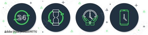 Set line Old hourglass, Clock, 24 hours and Alarm clock app mobile icon. Vector