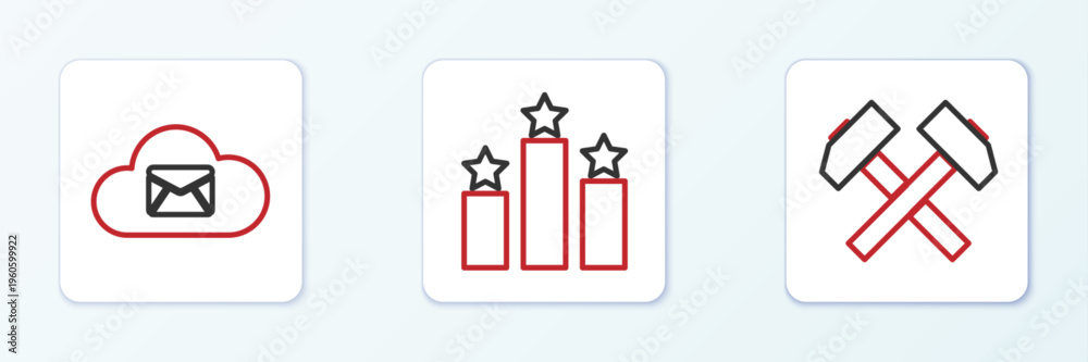 Fototapeta premium Set line Two crossed hammers, Cloud mail server and Ranking star icon. Vector