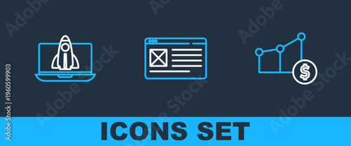 Set line Pie chart and dollar, Startup project concept and Browser window icon. Vector