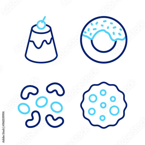 Set line Cookie or biscuit, Jelly candy, Donut and Pudding custard icon. Vector