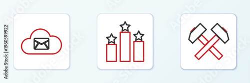 Set line Two crossed hammers, Cloud mail server and Ranking star icon. Vector