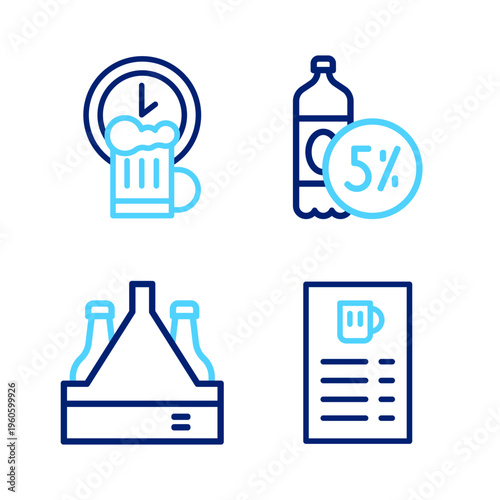 Set line Beer menu, Pack of beer bottles, and Happy hour icon. Vector