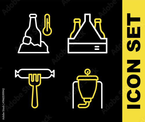 Set line Pack of beer bottles, Beer brewing process, Sausage on the fork and Cold icon. Vector