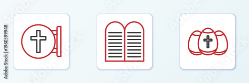 Set line Easter egg, Christian cross and The commandments icon. Vector
