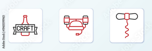 Set line Wine corkscrew, Beer bottle and helmet icon. Vector