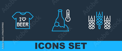 Set line Wheat, Beer T-shirt and Cold beer bottle icon. Vector