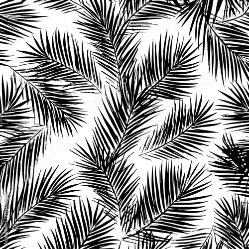 Black and white silhouette pattern of overlapping palm fronds creating dense tropical foliage texture for seamless repeating background design