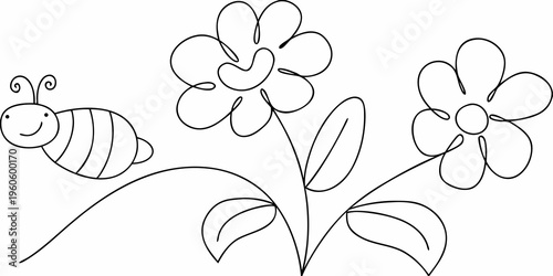 Charming line art illustration of a bee and blossoming flowers