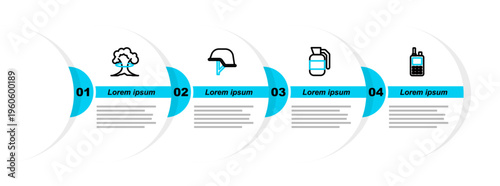 Set line Walkie talkie, Hand grenade, Military helmet and Nuclear explosion icon. Vector