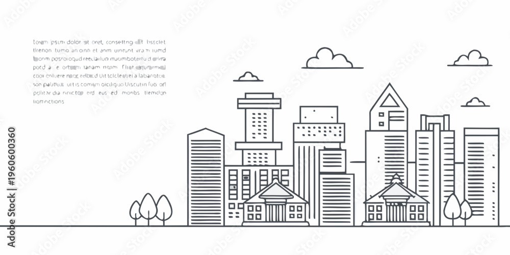 Fototapeta premium Minimalist line drawing of a modern city skyline with trees and clouds