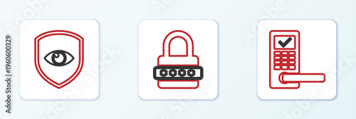 Set line Digital door lock with wireless, Shield and eye and Password protection icon. Vector