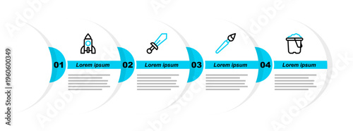 Set line Sand in bucket, Paint brush, Sword toy and Rocket ship icon. Vector