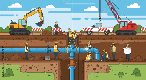 Construction workers installing large blue pipes underground with heavy machinery at a site