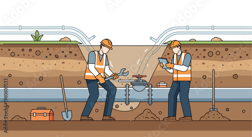 Construction workers repairing water pipe underground, detailed illustration