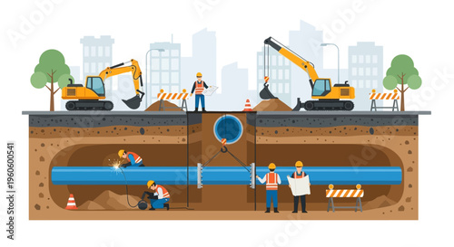 Urban underground infrastructure repair and construction with heavy machinery and workers