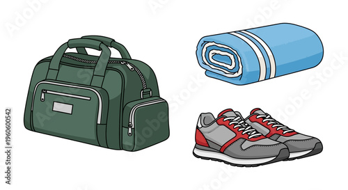 Travel bag with shoe and blanket.