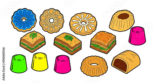 Assorted colorful sweet dessert pastry collection.