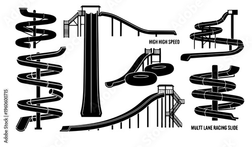 Water slide silhouette icons aquapark attraction vector set
