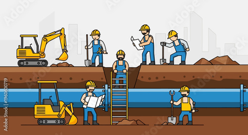 Construction workers digging a trench to lay pipes with machinery and equipment on site