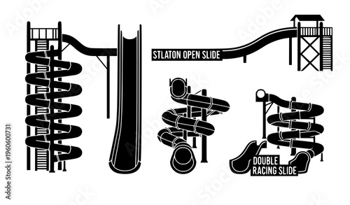 Water park slide silhouette vector amusement attraction set